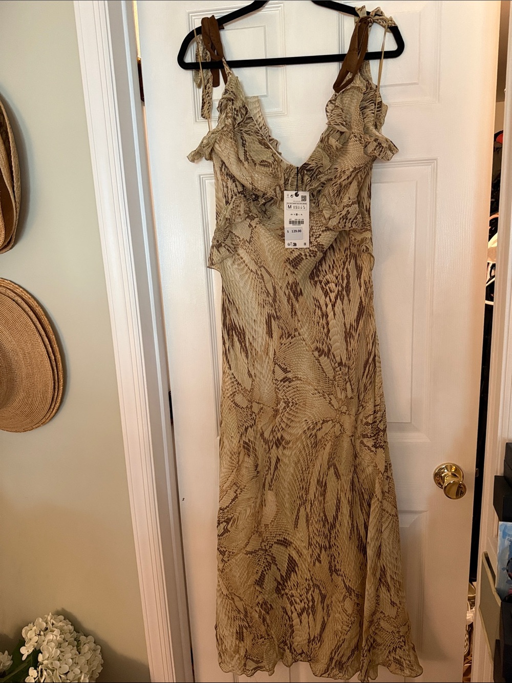 Zara Women’s Beige Snake-Print Ruffle Slip Dress